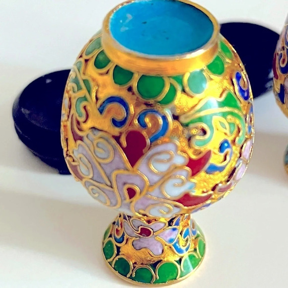 Vintage Cloisonne Style Gold Tone Floral Mini Vases Bases Excellent Condition - Picture 9 of 11